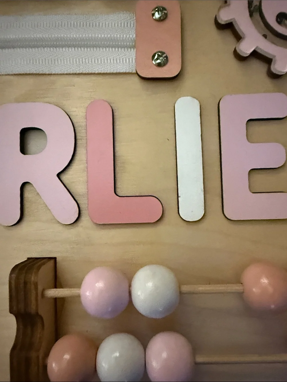 Wooden Activity Board for Girls- Personalized Pink and Natural for Charlie